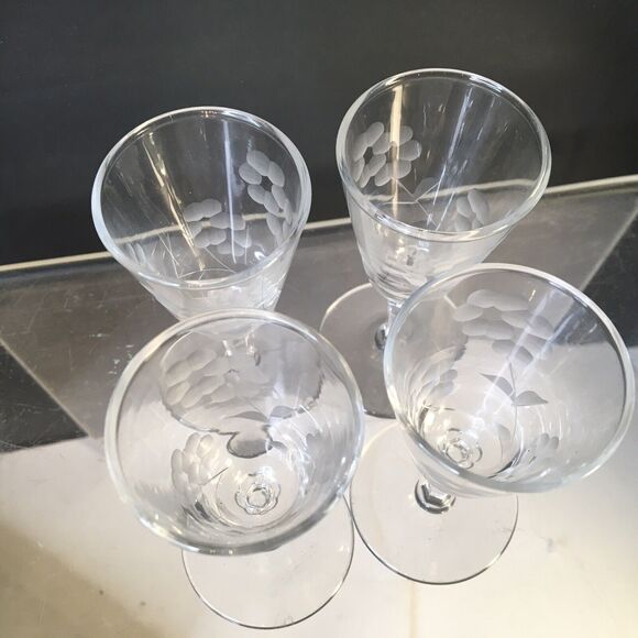 4 Vintage Crystal Clear Optic Stemmed Cordial Liqueur Glasses Etched Floral - Picture 2 of 12